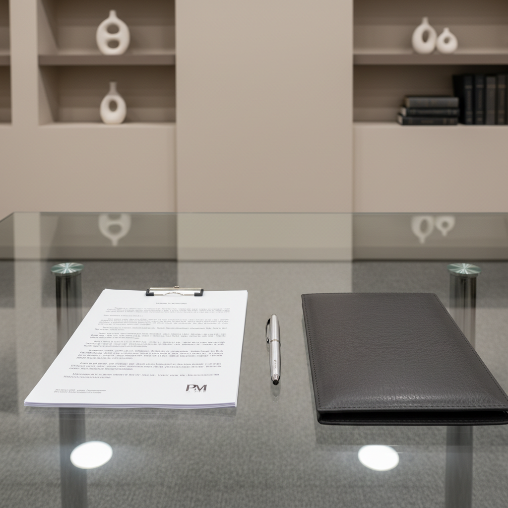 A minimalistic glass-top conference table featuring a single, well-organized stack of official documents neatly aligned with a branded pen and a structured leather folder, situated in a modern office setting. Neutral-toned walls and understated shelving frame the scene, accented by a subtle gray carpet. Overhead recessed lighting provides even, soft illumination that minimizes shadows and highlights the pristine surfaces. The mood is orderly and calm, reflecting professionalism and reliability. Shot from a slightly elevated angle for optimal balance and clarity, the image employs a photographic realism with balanced composition and clean lines, underscoring efficient property management practices.